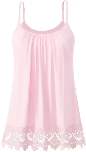 Air Curvey Flowy Camisole for Women Build in Bra Summer Outfit Pleated Lace Trim Cami Adjustable Strap Tank Top 2025