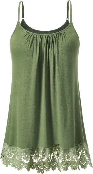 Air Curvey Flowy Camisole for Women Build in Bra Summer Outfit Pleated Lace Trim Cami Adjustable Strap Tank Top 2025