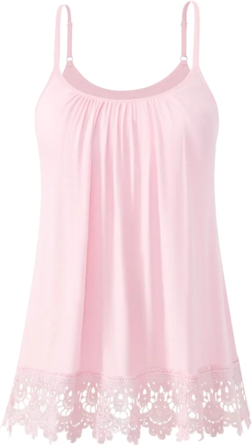 Air Curvey Flowy Camisole for Women Build in Bra Summer Outfit Pleated Lace Trim Cami Adjustable Strap Tank Top 2025