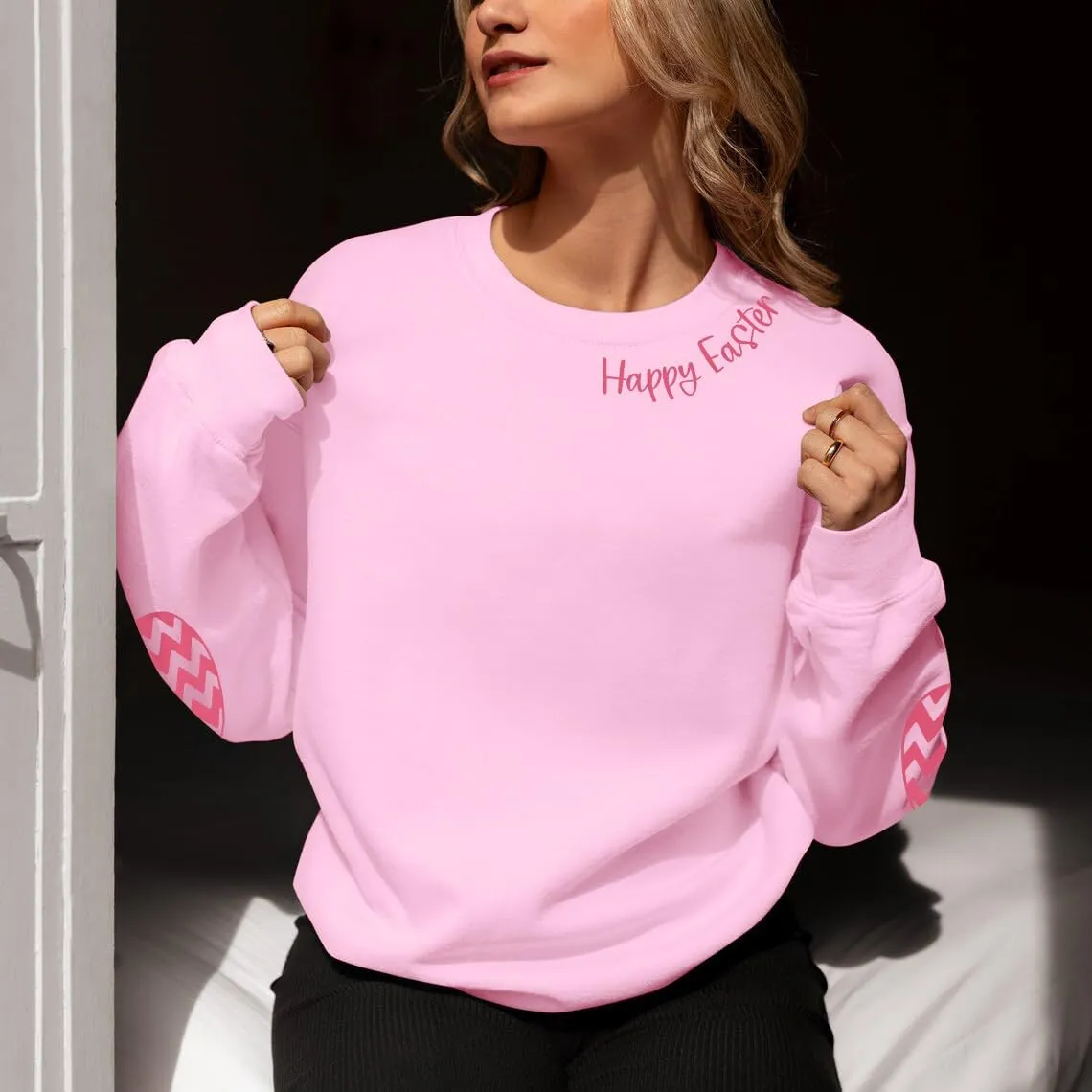 BANGELY Women Happy Easter Sweatshirt Cute Easter Egg Graphic Long Sleeve Shirt Easter Letter Print Pullover Sweatshirts