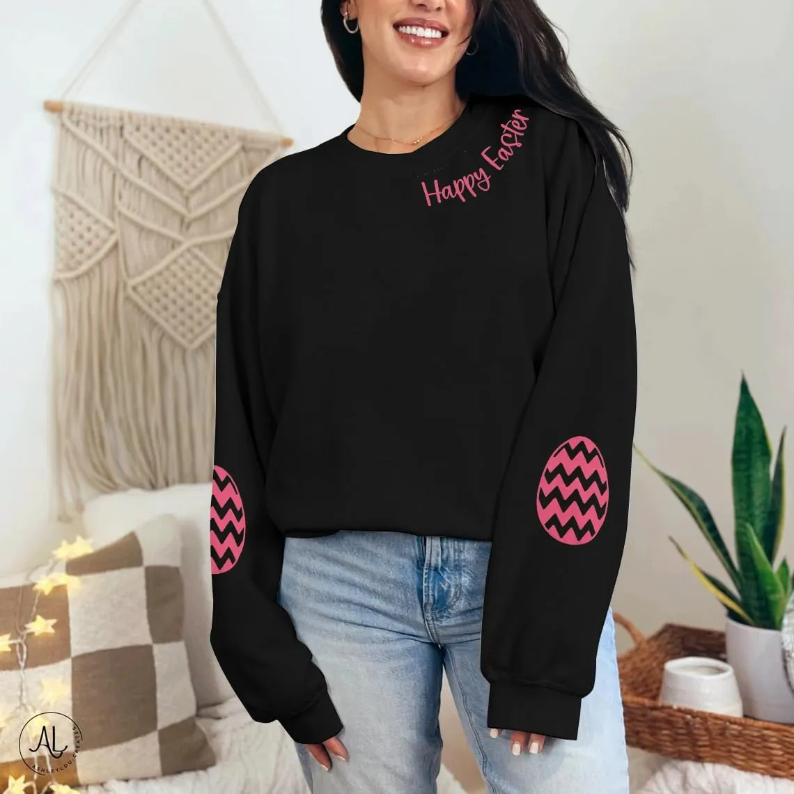 BANGELY Women Happy Easter Sweatshirt Cute Easter Egg Graphic Long Sleeve Shirt Easter Letter Print Pullover Sweatshirts