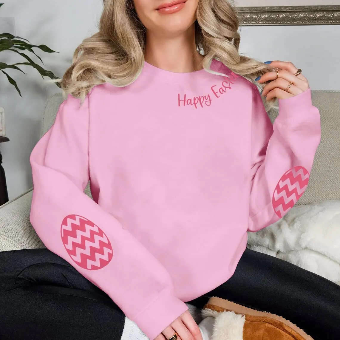 BANGELY Women Happy Easter Sweatshirt Cute Easter Egg Graphic Long Sleeve Shirt Easter Letter Print Pullover Sweatshirts
