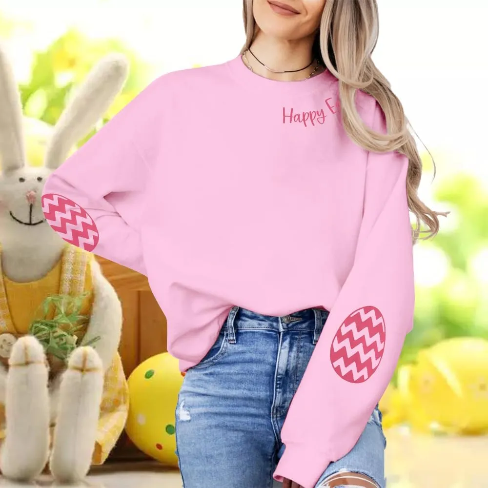 BANGELY Women Happy Easter Sweatshirt Cute Easter Egg Graphic Long Sleeve Shirt Easter Letter Print Pullover Sweatshirts