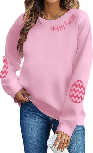 BANGELY Women Happy Easter Sweatshirt Cute Easter Egg Graphic Long Sleeve Shirt Easter Letter Print Pullover Sweatshirts