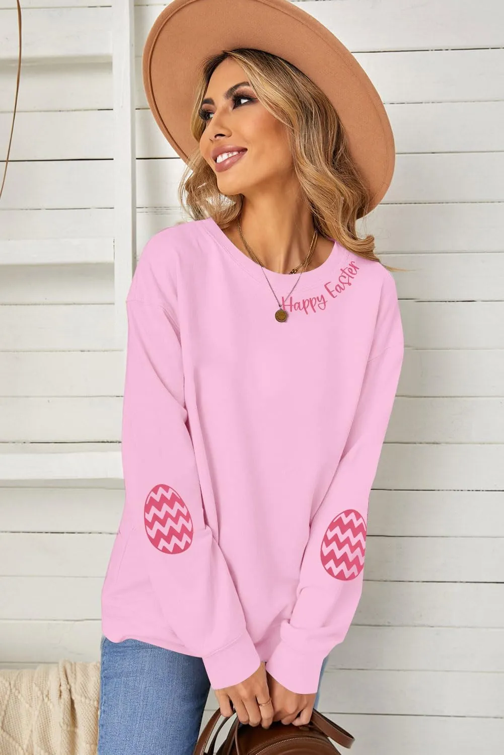 BANGELY Women Happy Easter Sweatshirt Cute Easter Egg Graphic Long Sleeve Shirt Easter Letter Print Pullover Sweatshirts