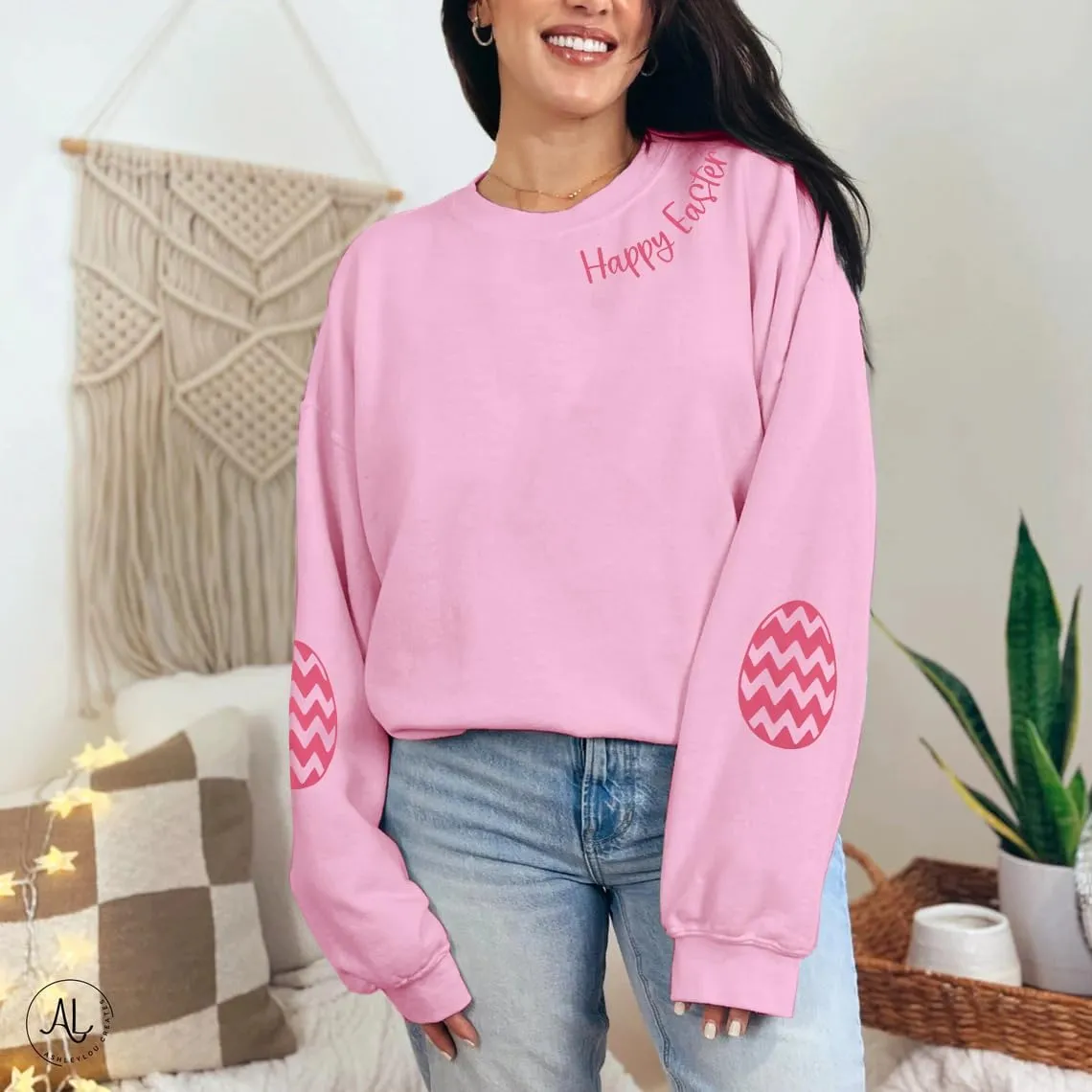 BANGELY Women Happy Easter Sweatshirt Cute Easter Egg Graphic Long Sleeve Shirt Easter Letter Print Pullover Sweatshirts