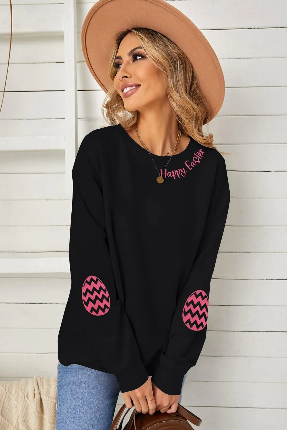 BANGELY Women Happy Easter Sweatshirt Cute Easter Egg Graphic Long Sleeve Shirt Easter Letter Print Pullover Sweatshirts