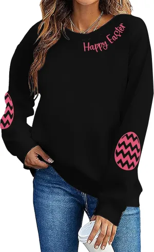 BANGELY Women Happy Easter Sweatshirt Cute Easter Egg Graphic Long Sleeve Shirt Easter Letter Print Pullover Sweatshirts