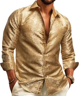 Barry.Wang Men's Dress Shirt Paisley Silk Long Sleeve Button Down Shirts Formal Wedding Regular Fit Tops Disco Party
