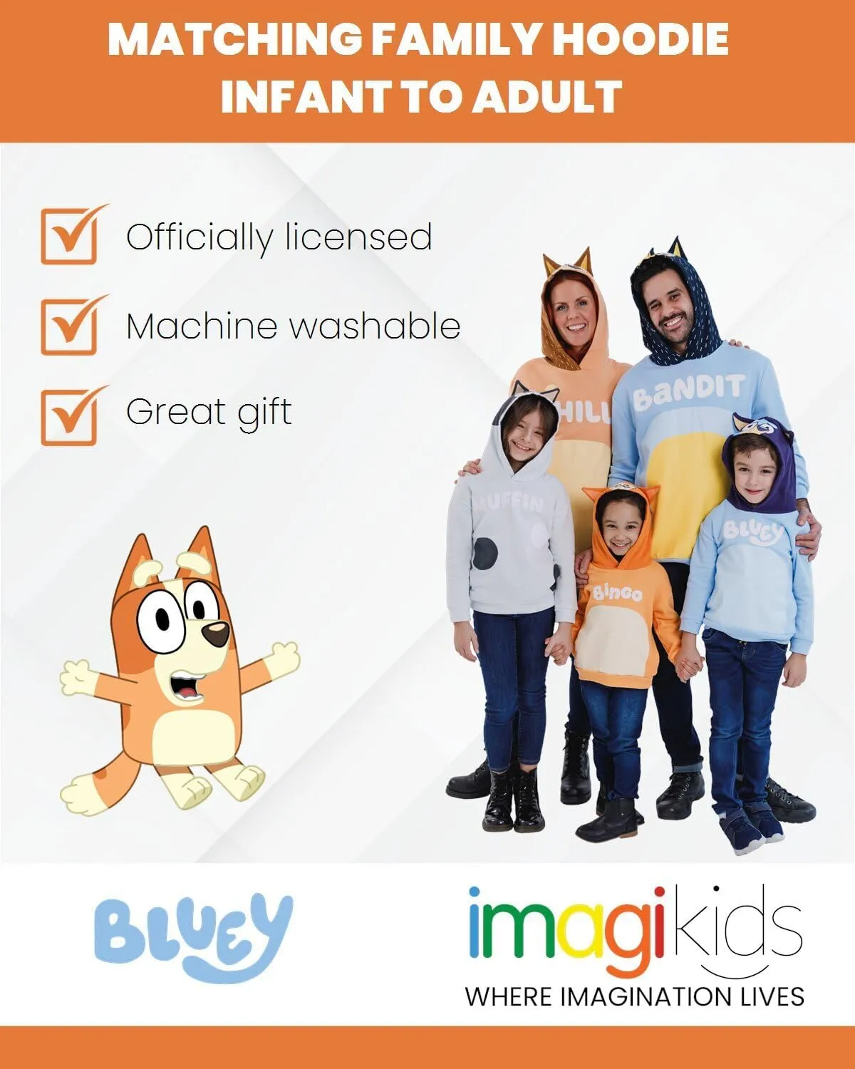 Bluey Bingo Dad Mom Fleece Matching Family Cosplay Pullover Hoodie Infant to Little Kid