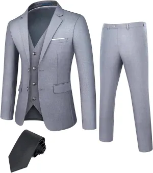 DEETRUST Men's 3 Piece Slim Fit Suit Set, 2 Button Blazer Jacket Vest Pants with Tie, Mens Suit for Party, Wedding & Business