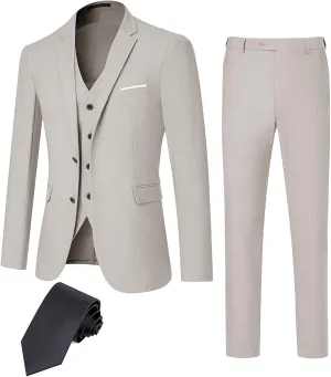 DEETRUST Men's 3 Piece Slim Fit Suit Set, 2 Button Blazer Jacket Vest Pants with Tie, Mens Suit for Party, Wedding & Business