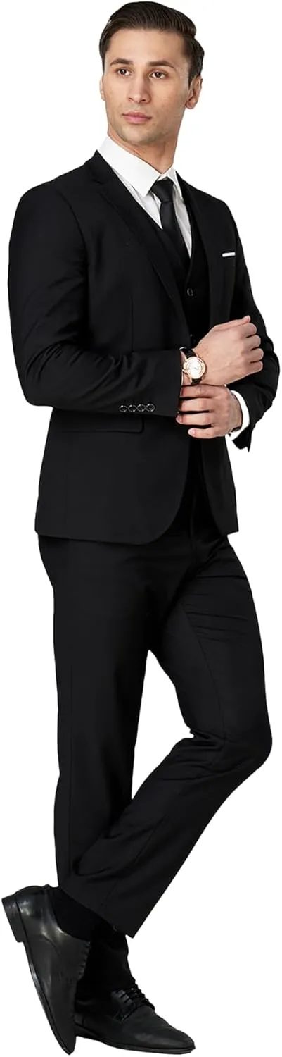 DEETRUST Men's 3 Piece Slim Fit Suit Set, 2 Button Blazer Jacket Vest Pants with Tie, Mens Suit for Party, Wedding & Business