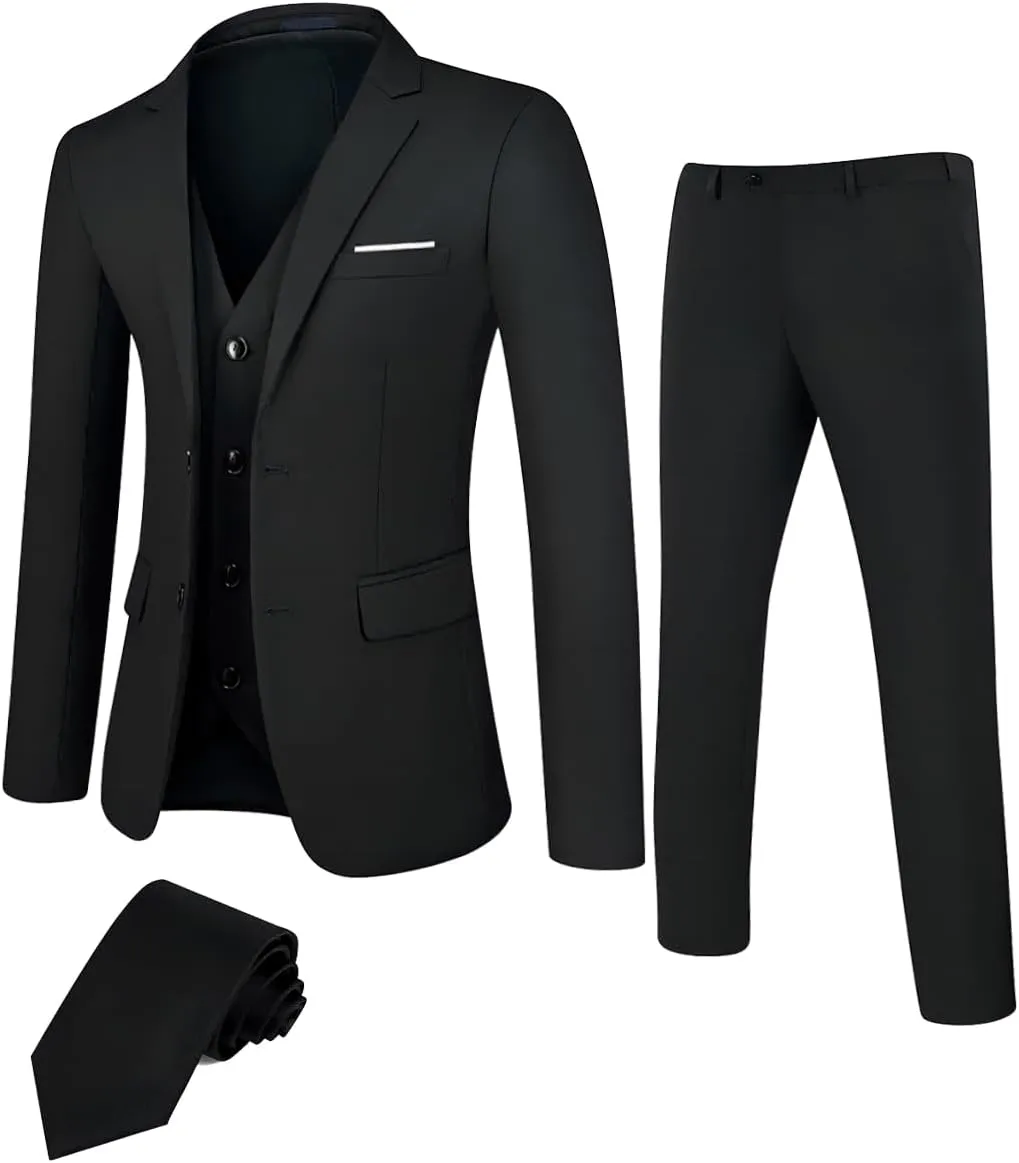DEETRUST Men's 3 Piece Slim Fit Suit Set, 2 Button Blazer Jacket Vest Pants with Tie, Mens Suit for Party, Wedding & Business