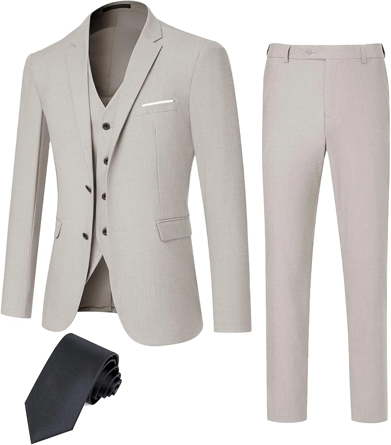 DEETRUST Men's 3 Piece Slim Fit Suit Set, 2 Button Blazer Jacket Vest Pants with Tie, Mens Suit for Party, Wedding & Business