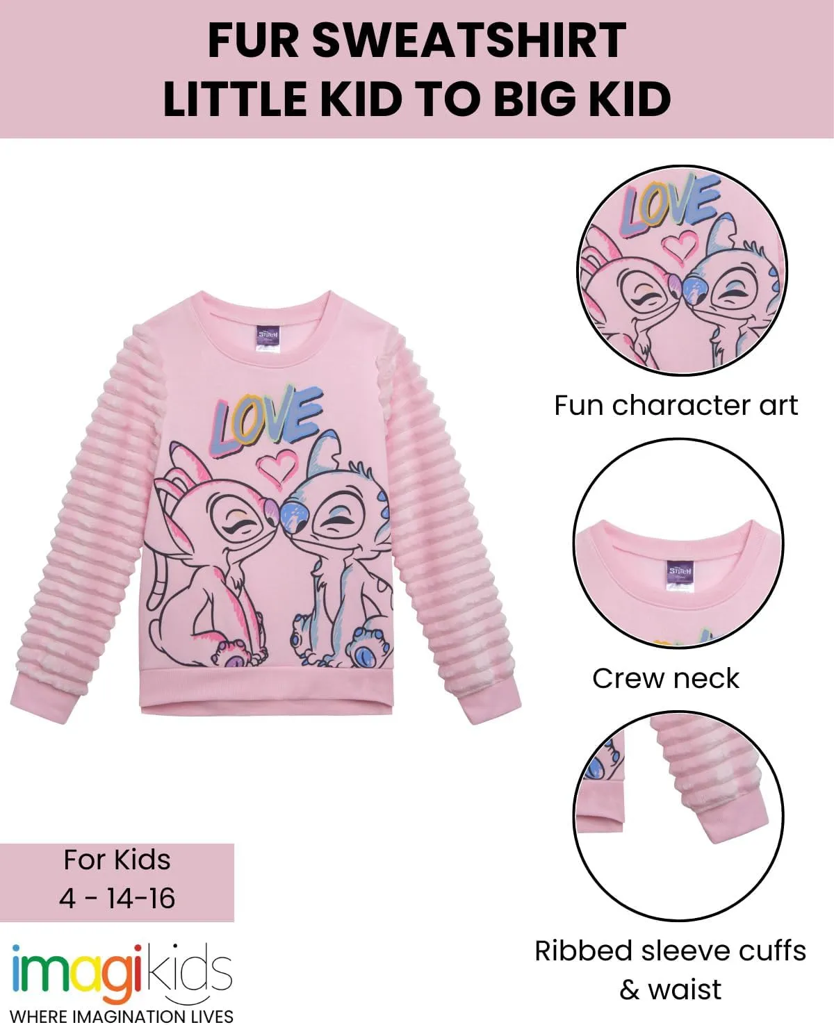 Disney Lilo & Stitch Girls Fleece Pullover Fur Sweatshirt Little Kid to Big Kid Sizes (4-14-16)