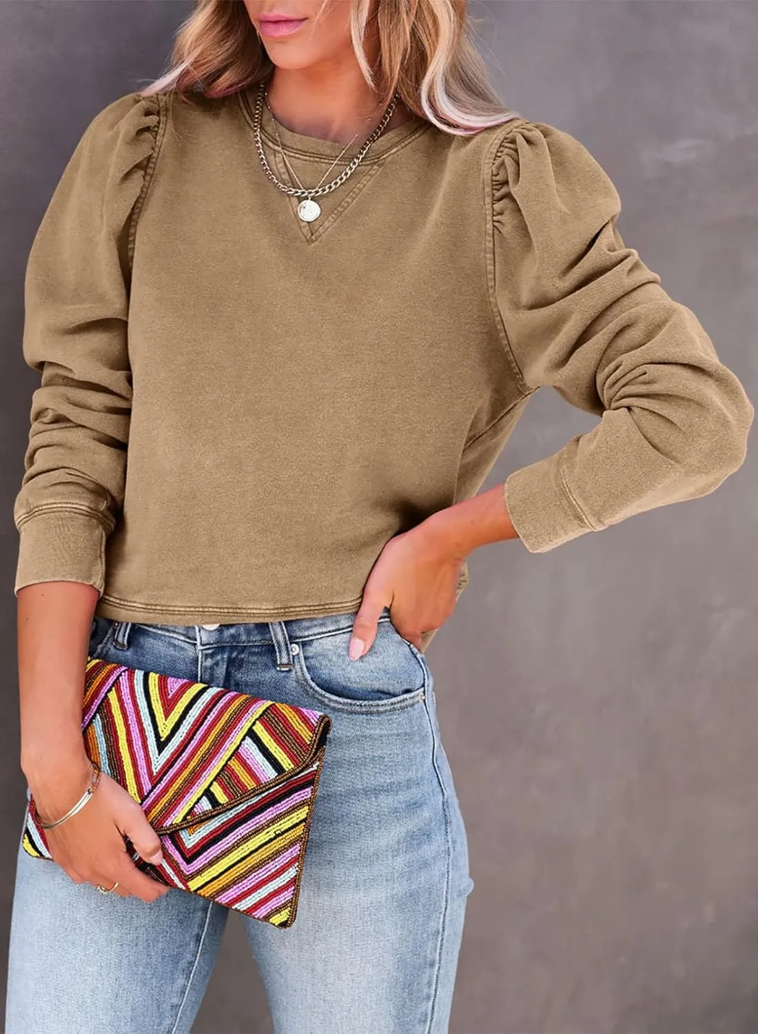Dokotoo Womens Casual Cropped Sweatshirts Puff Sleeve Crop Pullover Crewneck Cute Tops