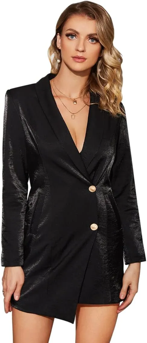 Double Breasted Gold Button Blazer Dress for Women Sexy - Asymmetric Long Blazers Jackets Outfit