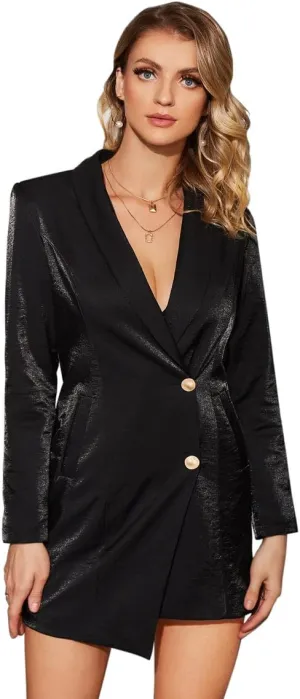 Double Breasted Gold Button Blazer Dress for Women Sexy - Asymmetric Long Blazers Jackets Outfit