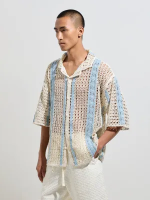 ETA Blue Crochet-Detailed Relaxed-Fit Shirt