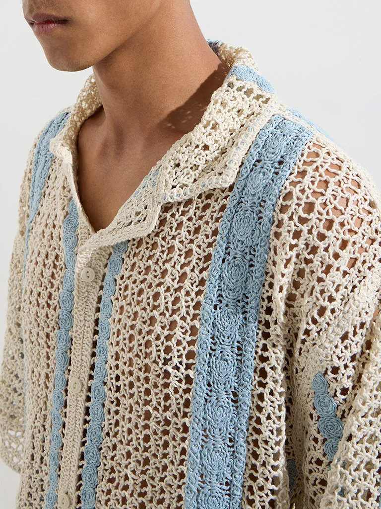 ETA Blue Crochet-Detailed Relaxed-Fit Shirt