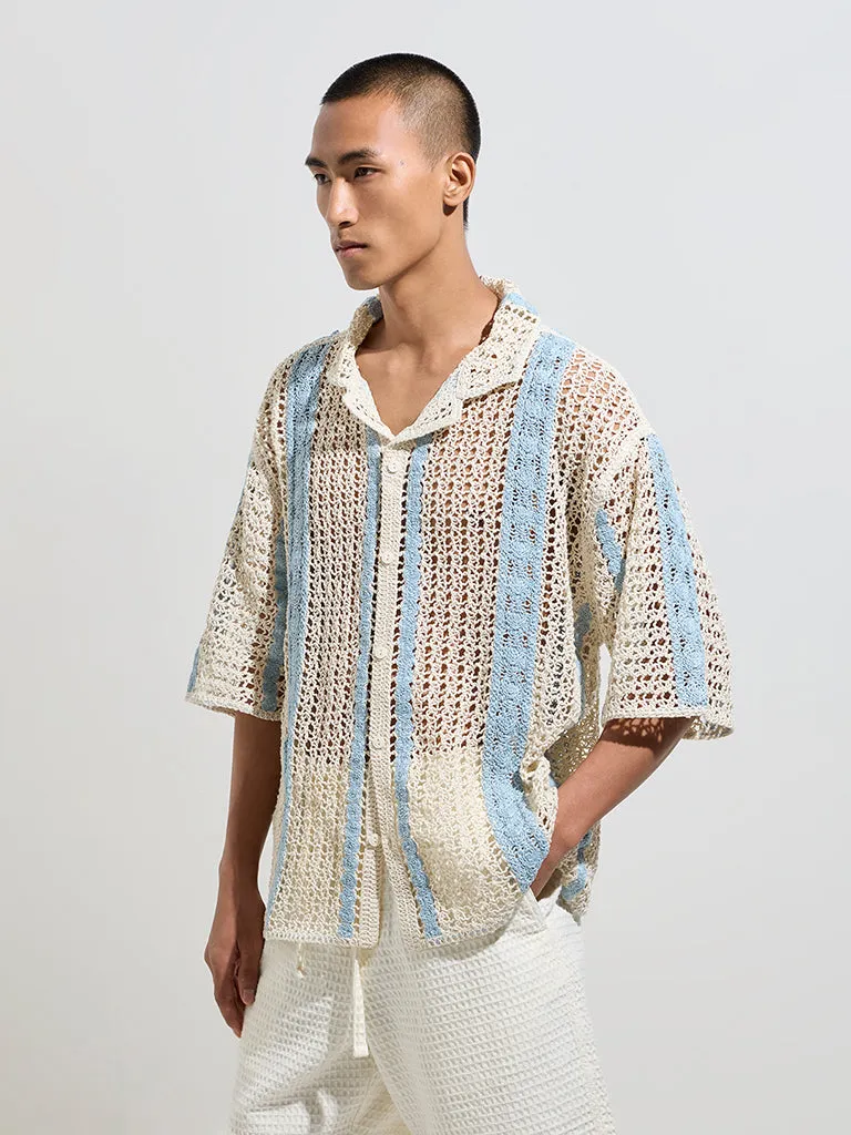ETA Blue Crochet-Detailed Relaxed-Fit Shirt