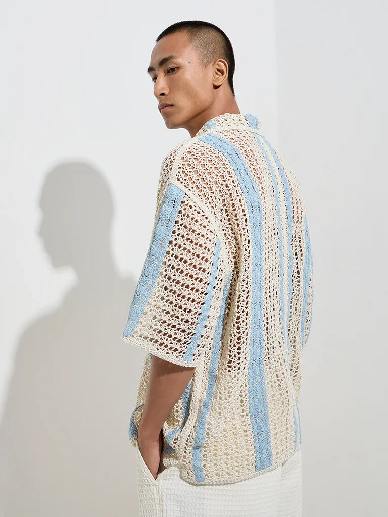 ETA Blue Crochet-Detailed Relaxed-Fit Shirt