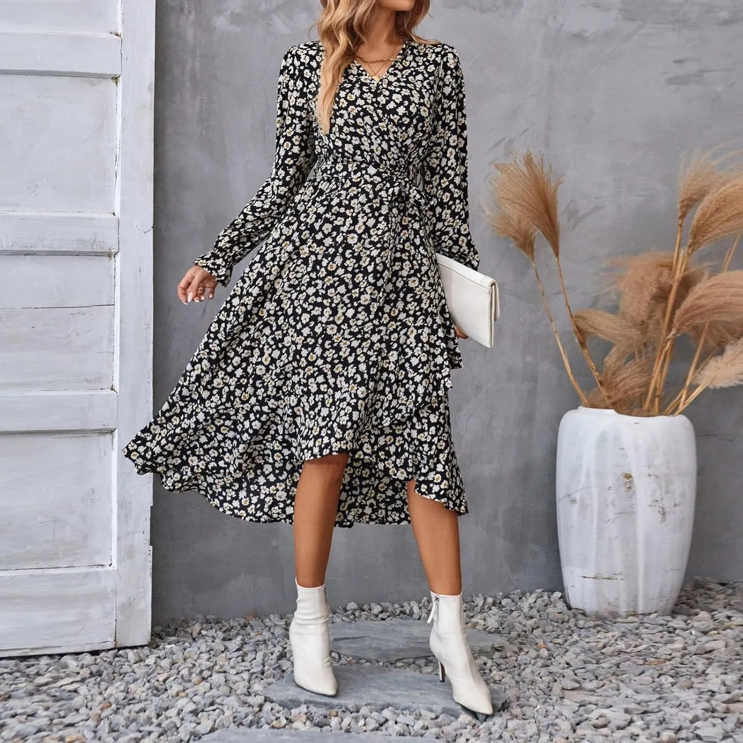 Floral Dresses for Women 2025 Tie Waist V Neck Spring Loose Casual Sundresses Long Sleeve Dressy Holiday Long Dress
