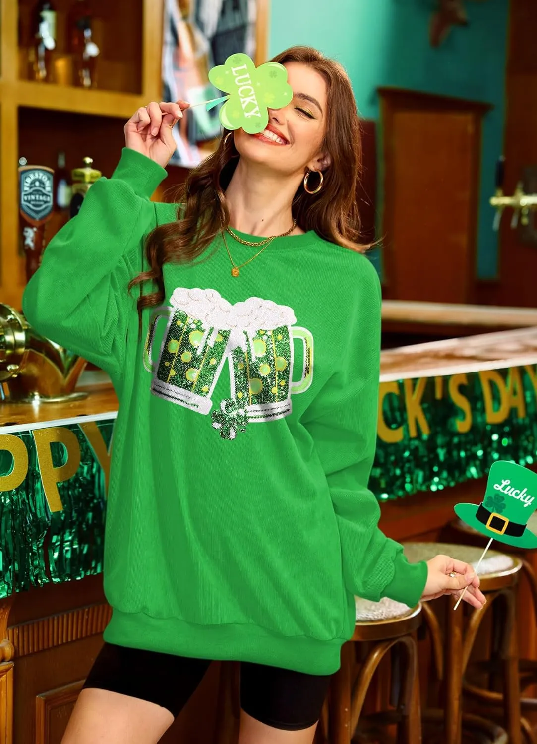 For G and PL Womens St. Patrick's Long Sleeve Irish Sequin Pullover Shamrock Clover Print Casual Sweatshirts