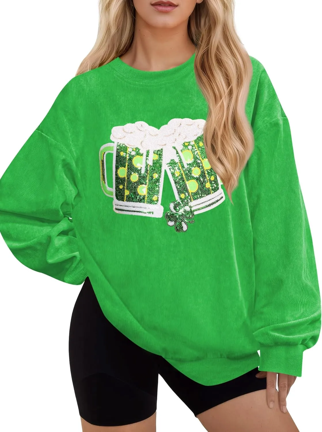 For G and PL Womens St. Patrick's Long Sleeve Irish Sequin Pullover Shamrock Clover Print Casual Sweatshirts