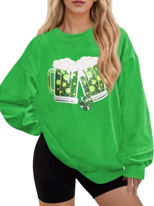 For G and PL Womens St. Patrick's Long Sleeve Irish Sequin Pullover Shamrock Clover Print Casual Sweatshirts