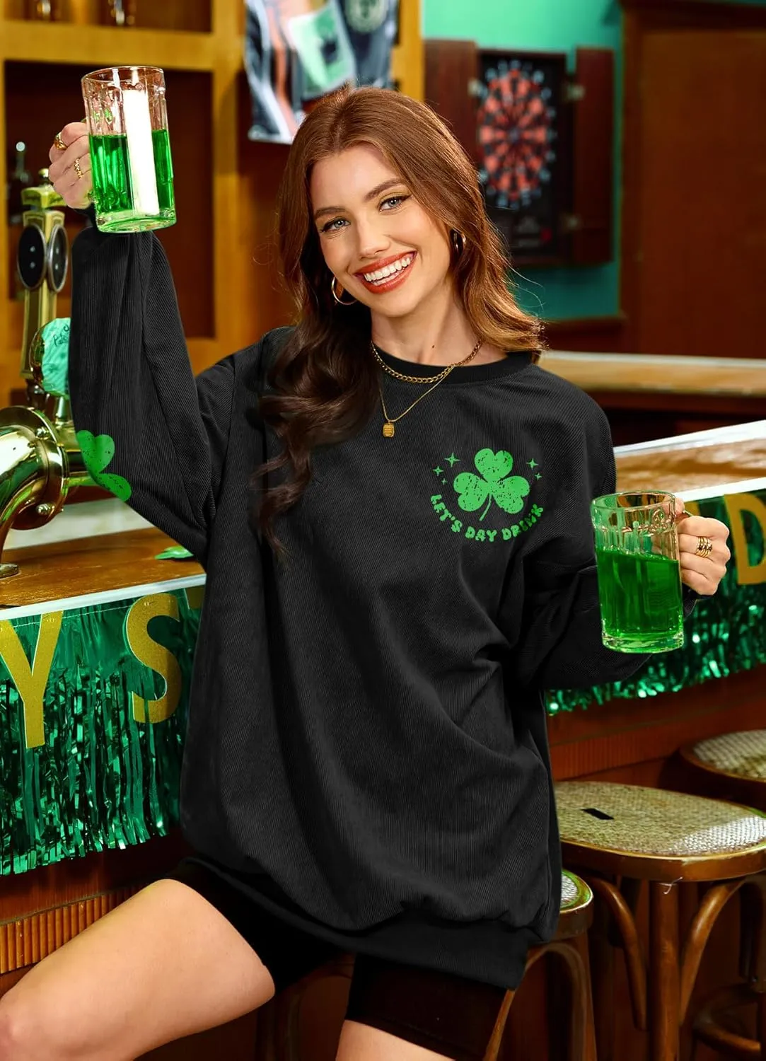 For G and PL Womens St. Patrick's Long Sleeve Irish Sequin Pullover Shamrock Clover Print Casual Sweatshirts