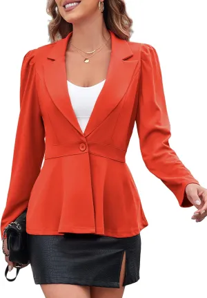 Genhoo Women's Business Casual Blazer Jackets Dressy Puff Sleeve Single Button Peplum Comfy Work Office Blazers