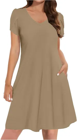 hlysgo Petite Dresses for Women 2025 Summer Petal Sleeve Crew Neck Beach Dress Casual A-Line Flowy Mini Dress with Pockets