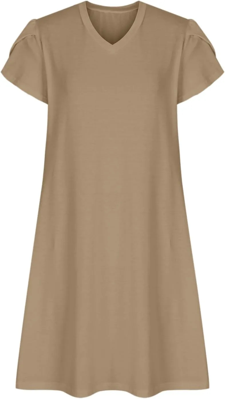 hlysgo Petite Dresses for Women 2025 Summer Petal Sleeve Crew Neck Beach Dress Casual A-Line Flowy Mini Dress with Pockets