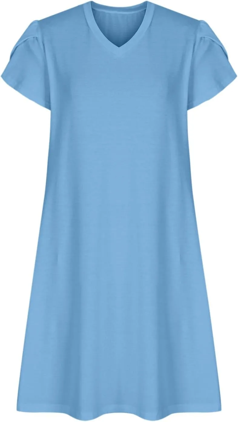 hlysgo Petite Dresses for Women 2025 Summer Petal Sleeve Crew Neck Beach Dress Casual A-Line Flowy Mini Dress with Pockets