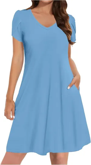 hlysgo Petite Dresses for Women 2025 Summer Petal Sleeve Crew Neck Beach Dress Casual A-Line Flowy Mini Dress with Pockets