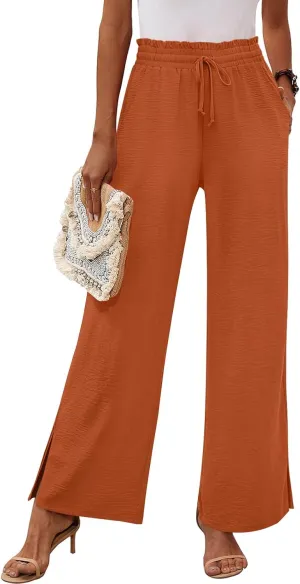 HOTGIFT 2025 Womens Pants Wide Leg High Waisted Adjustable Drawstring Trousers with Pockets Casual Lightweight