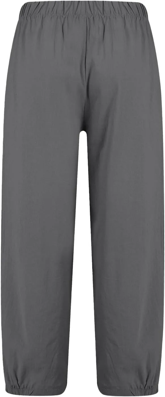 Linen Capris for Women Striped Elastic Waisted Drawstring Pants with Pockets Button Casual Cropped Tapered Trousers