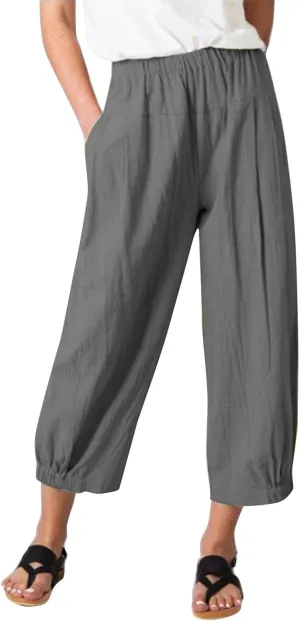 Linen Capris for Women Striped Elastic Waisted Drawstring Pants with Pockets Button Casual Cropped Tapered Trousers