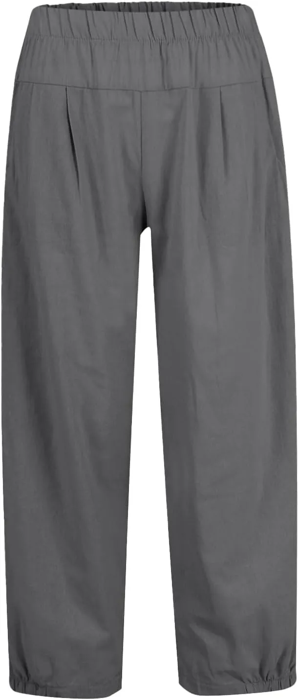 Linen Capris for Women Striped Elastic Waisted Drawstring Pants with Pockets Button Casual Cropped Tapered Trousers