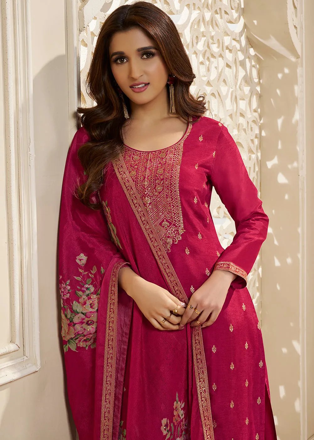 Magenta Purple Dola Silk Suit Embellished with Zardosi work