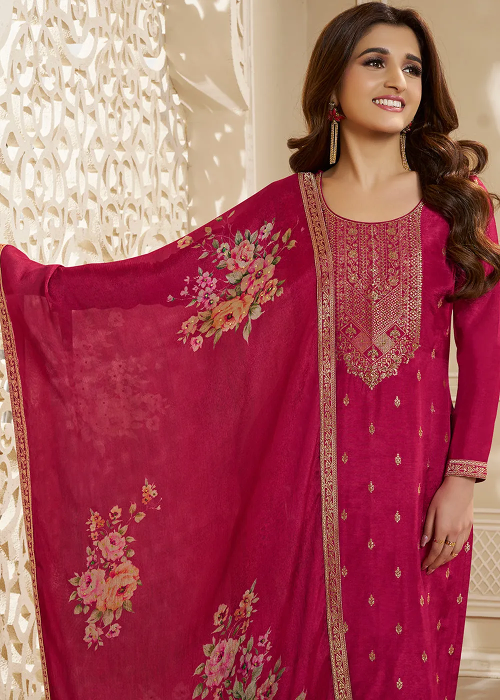 Magenta Purple Dola Silk Suit Embellished with Zardosi work