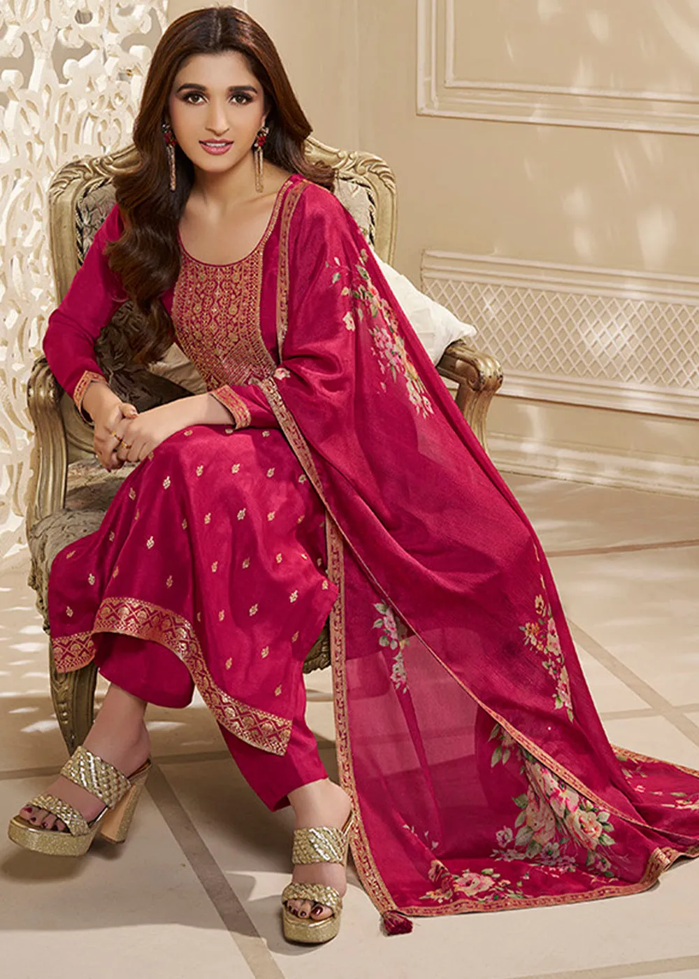 Magenta Purple Dola Silk Suit Embellished with Zardosi work