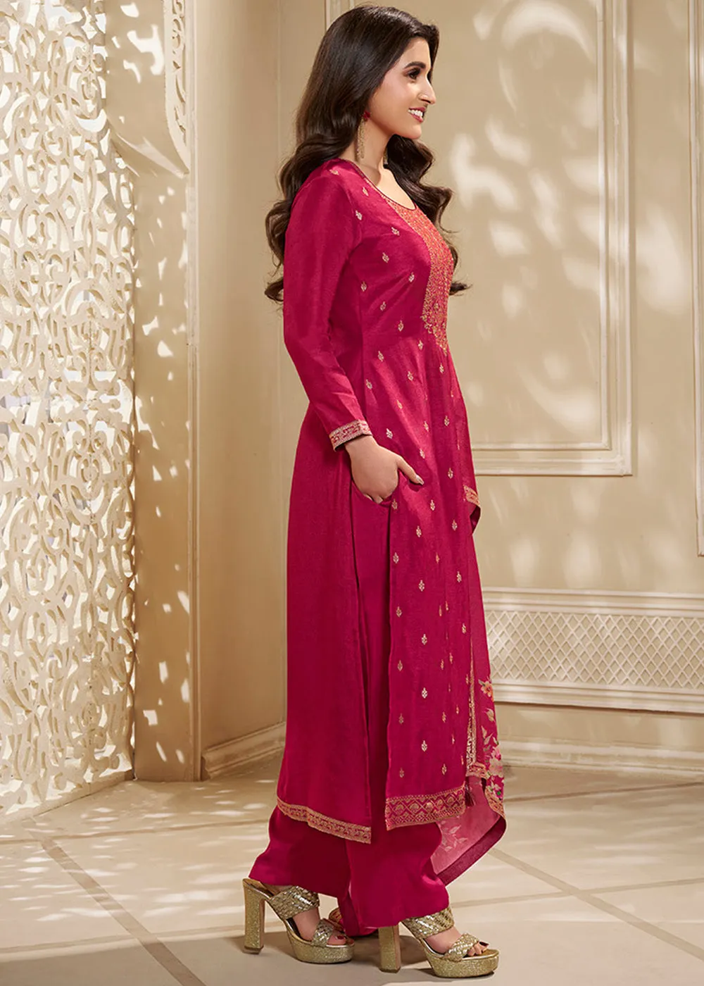 Magenta Purple Dola Silk Suit Embellished with Zardosi work