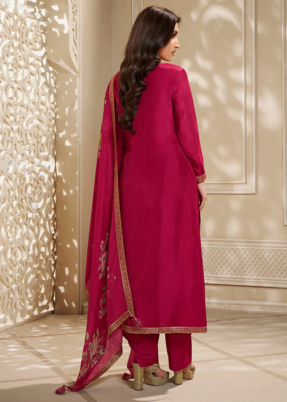 Magenta Purple Dola Silk Suit Embellished with Zardosi work