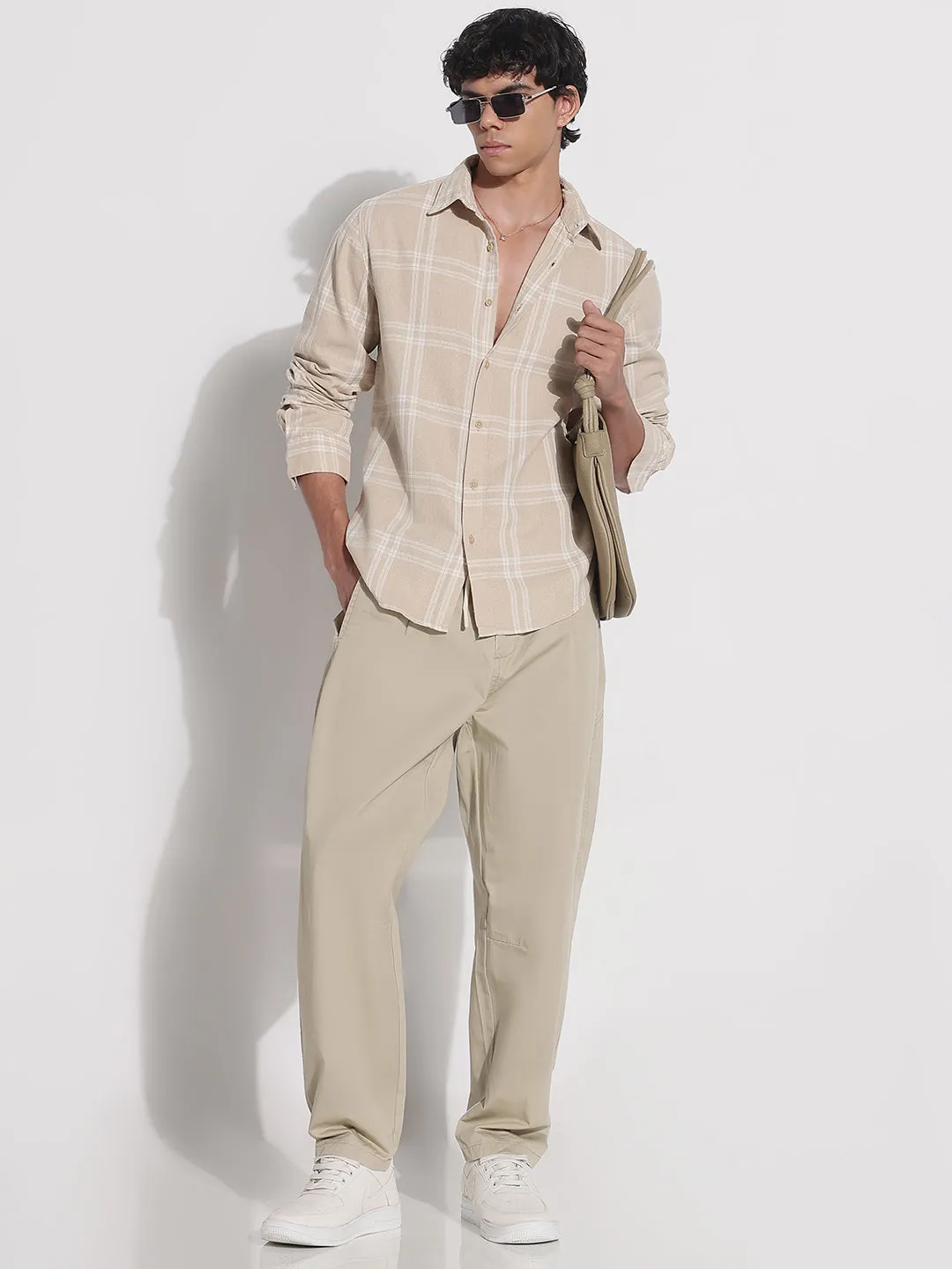 Men Beige Checked Relaxed Fit Shirt
