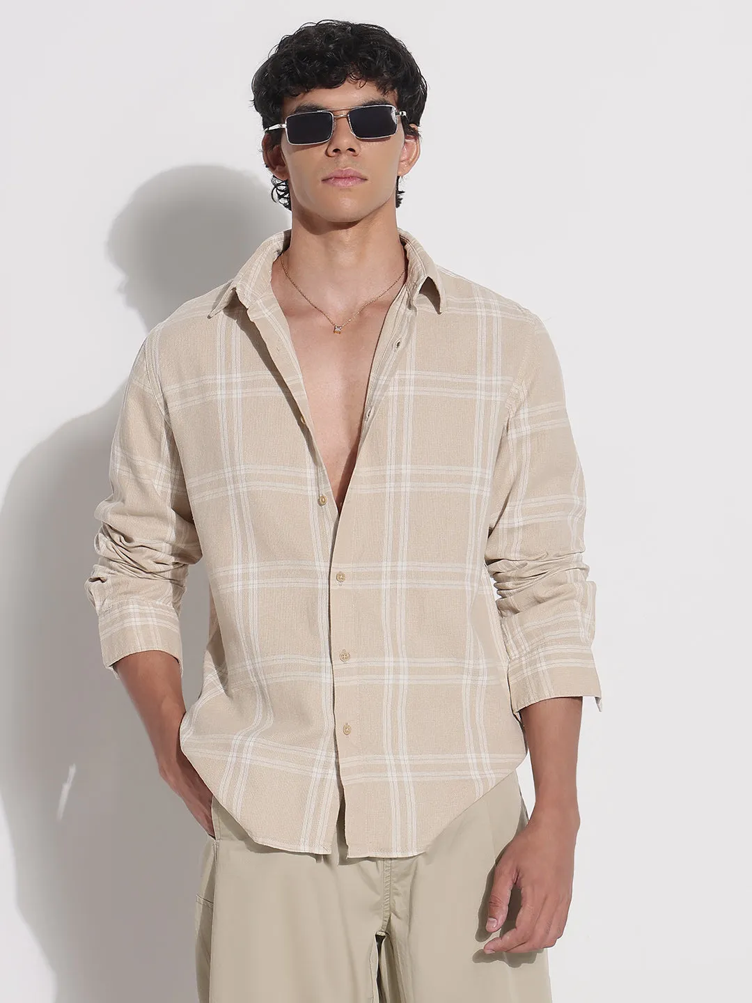 Men Beige Checked Relaxed Fit Shirt