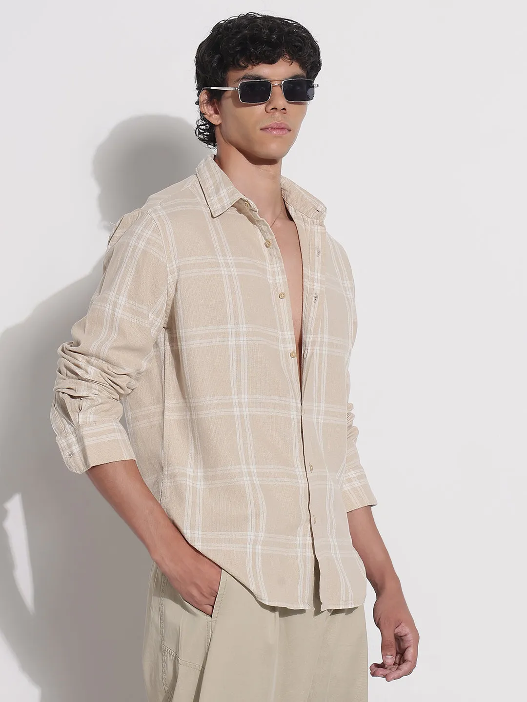 Men Beige Checked Relaxed Fit Shirt