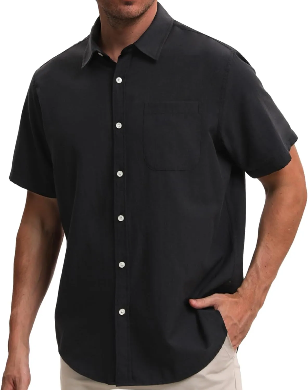 Mens Cotton Linen Short Sleeve Shirts Casual Lightweight Button Down Shirts Vacation Beach Summer Tops with Pocket